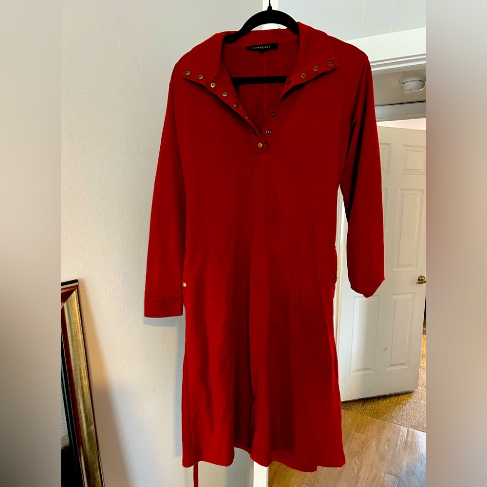 Red, long-sleeved dress with v-neck button features!